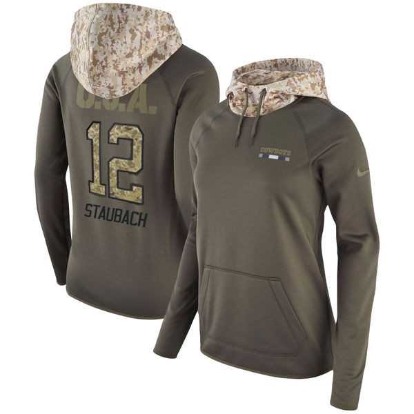 Women Nike Cowboys 12 Roger Staubach Olive Salute To Service Pullover Hoodie